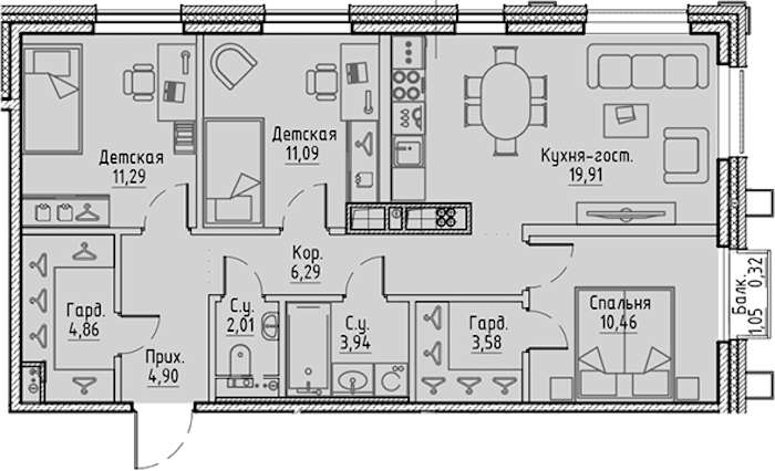 3-комнатная квартира 78.65 м², 6/10 эт., ЖК «LEGENDA Сампсониевский 32»